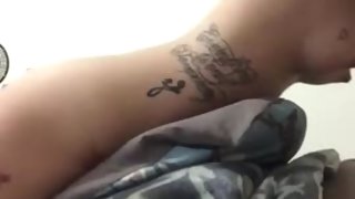 Girl with Tattoos riding Pillow beautiful Tits