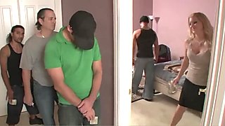 Mistress organizes a gangbang of her submissive guy