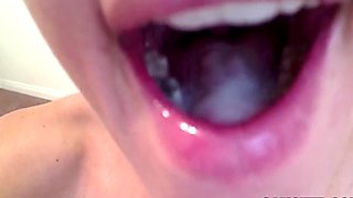 Swallowing the cum off her face after facial