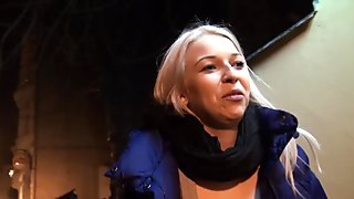 Eurobabe blonde flashes her big tits and fucked