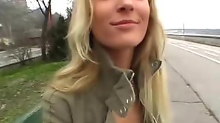 Blonde slut public fingering up her skirt